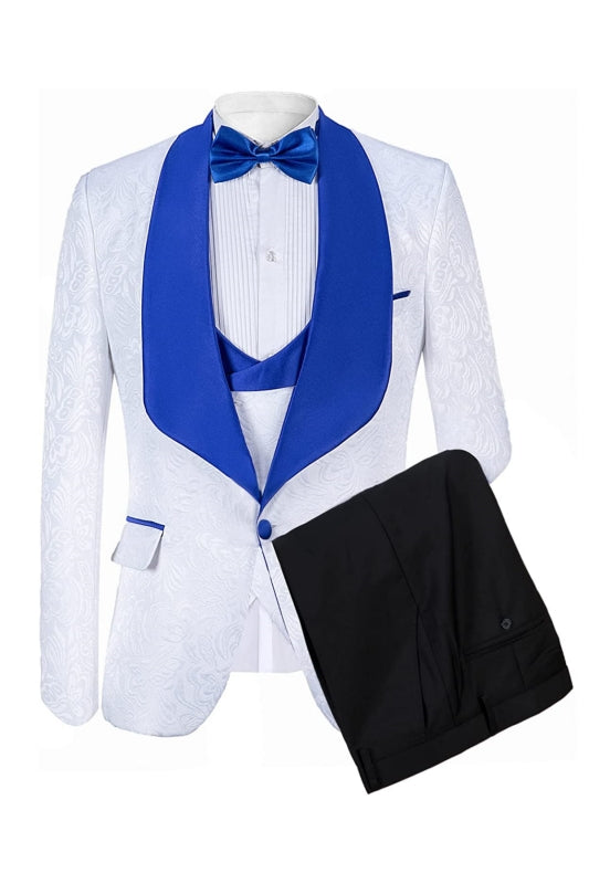 Angelo White Shawl Lapel Slim Fit Jacquard Men Suits For Wedding
