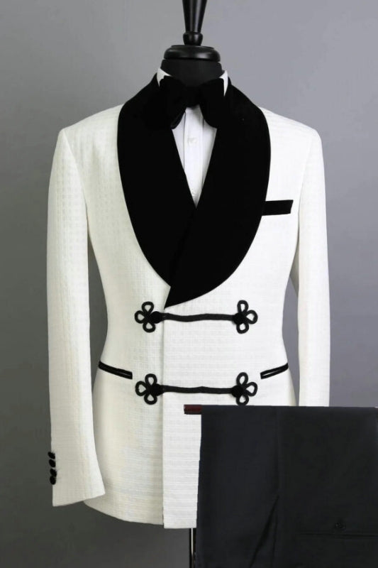 Abdul White Shawl Lapel Two Pieces Close Fitting Jacquard Wedding Suits