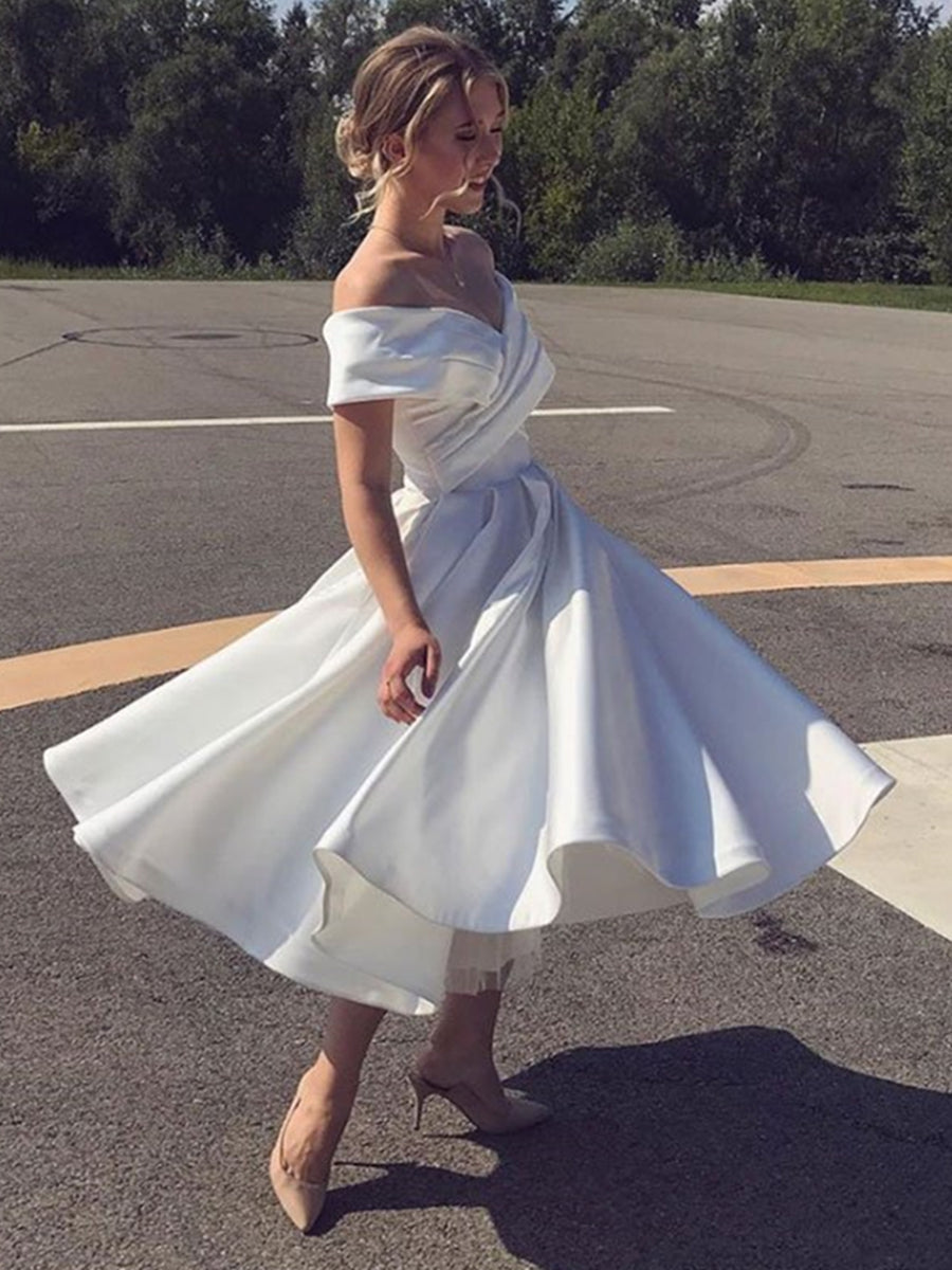 White Short A-line Off the Shoulder Tea Length Satin Wedding Dresses-BIZTUNNEL