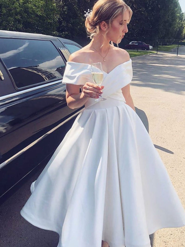 tea length women's white short wedding dress A-line Off the Shoulder Satin Dresses White Short A-line Off the