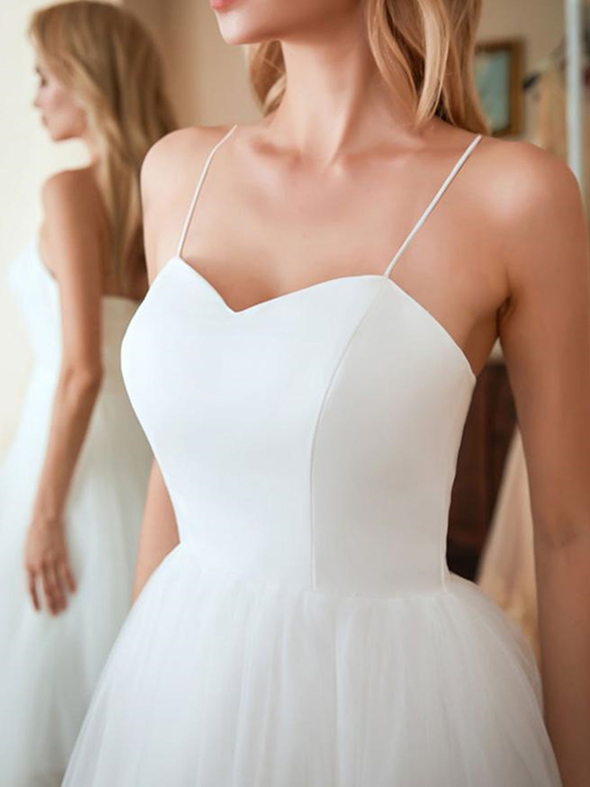 White Short A-line Sweetheart Tulle Tea Length Wedding Dresses-BIZTUNNEL