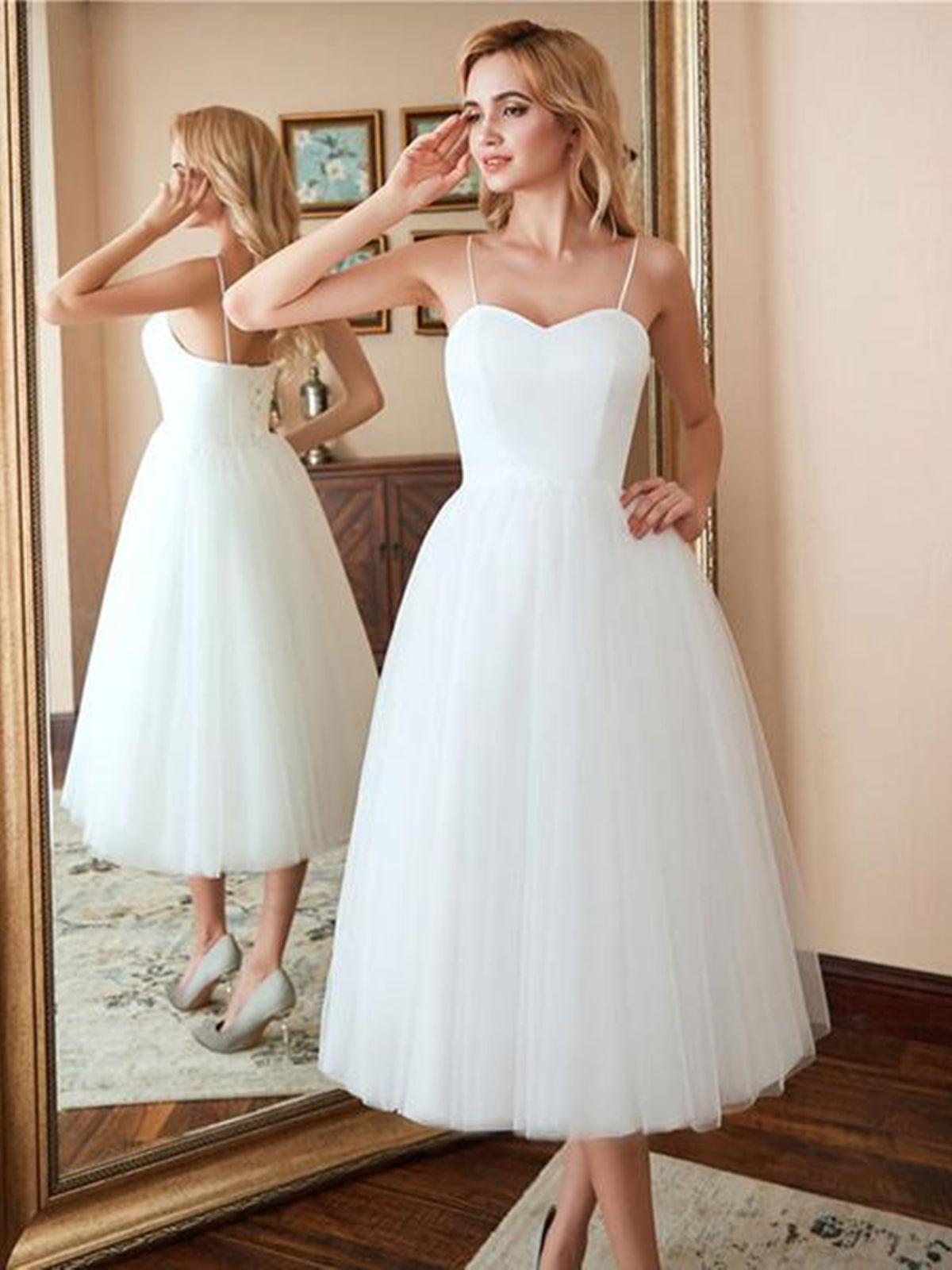 White Short A-line Sweetheart Tulle Tea Length Wedding Dresses-BIZTUNNEL