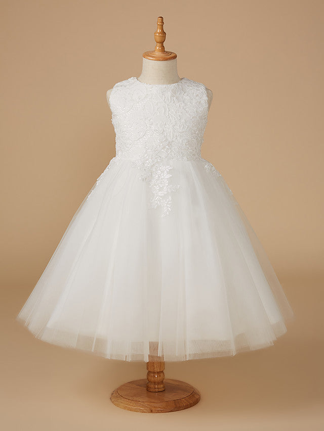 White Short Ball Gown Lace Tulle Wedding First Communion Flower Girl Dresses-BIZTUNNEL