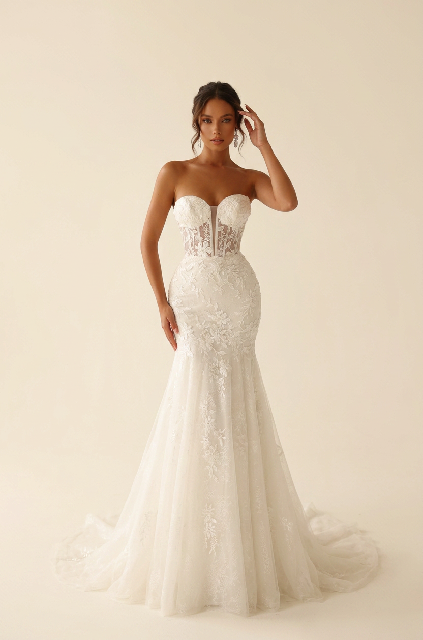 Front view of a white strapless sweetheart neckline wedding dress with lace applique on the bodice and a tulle skirt.