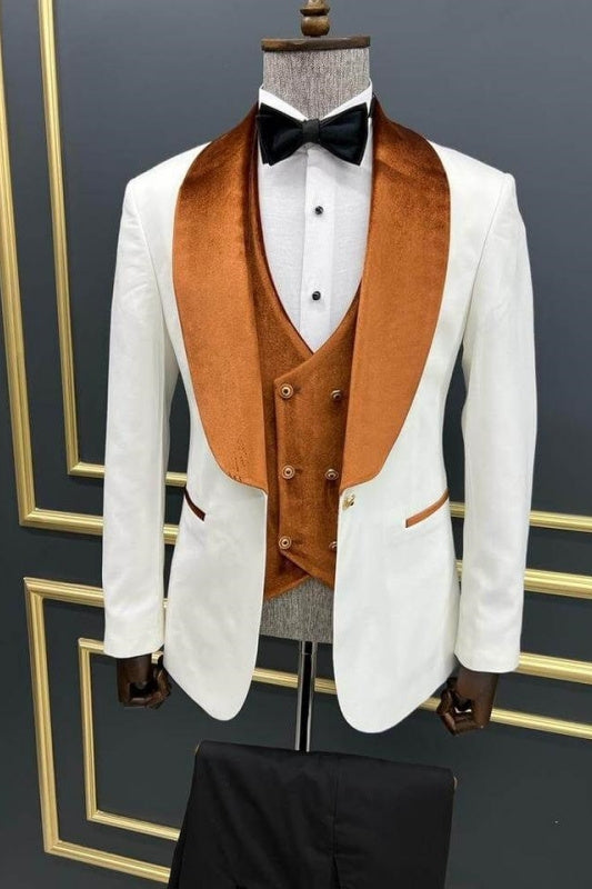 Ray Fashion White Three Pieces Wedding Suits With Brown Shawl Lapel