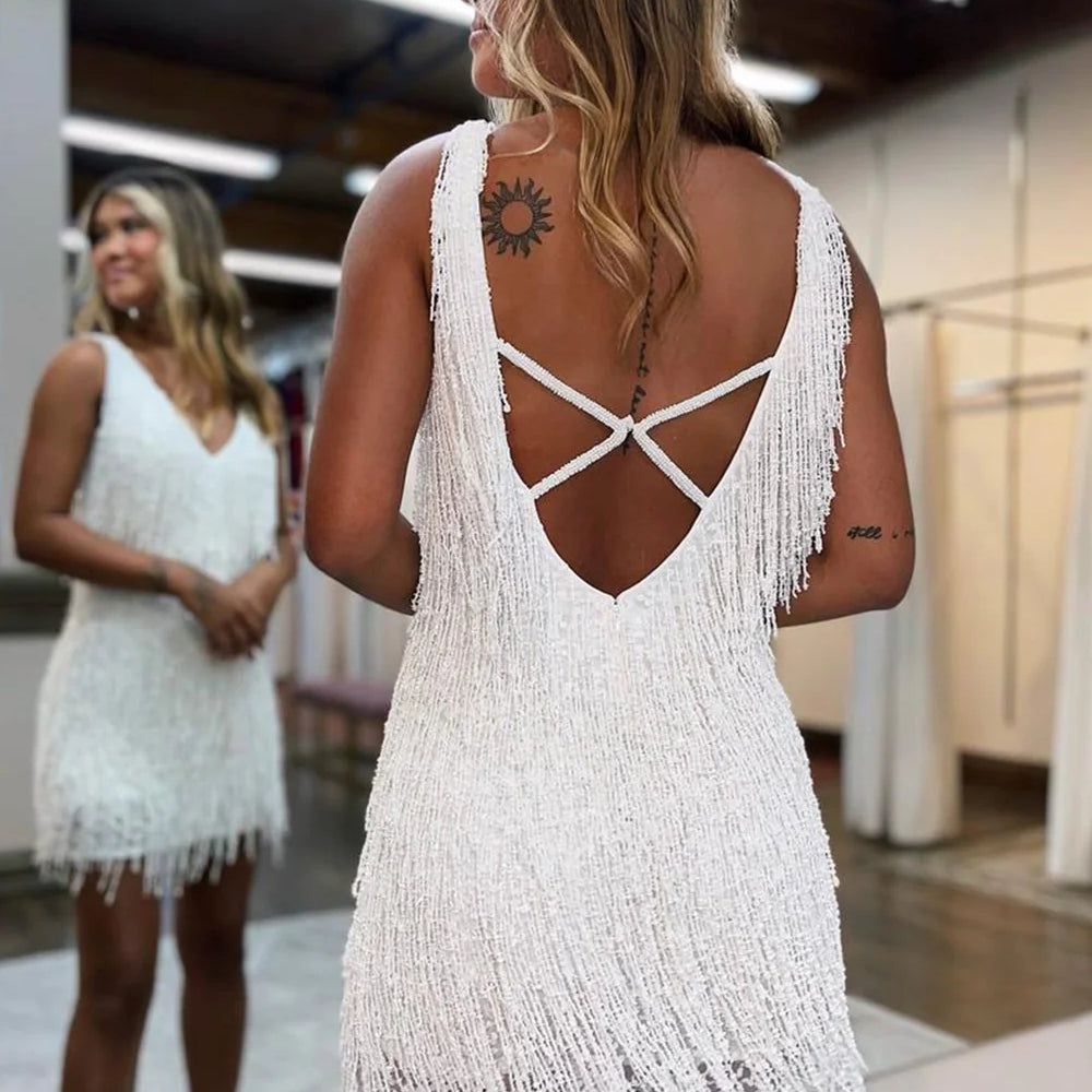 White V-Neck Backless Tight Short Homecoming Dress with Fringes White V-Neck Backless Tight Short Homecoming Dress with Fringes