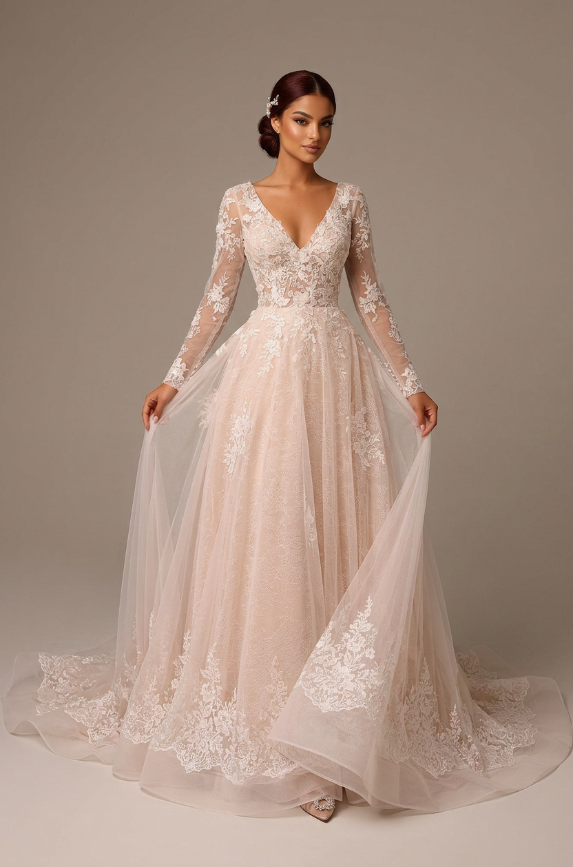White V-neck long sleeve A-line wedding dress with lace applique and a flowing tulle skirt, front view.