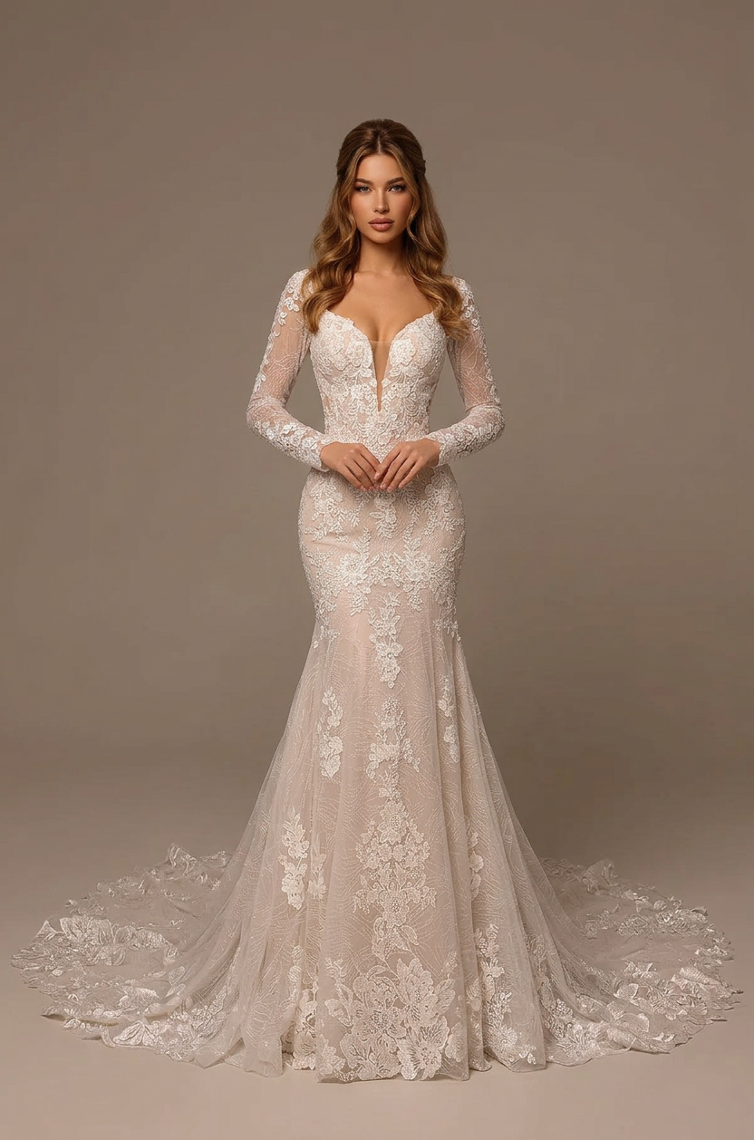 Front view of a white V-neck long-sleeve wedding dress with lace detailing and a fitted mermaid silhouette.