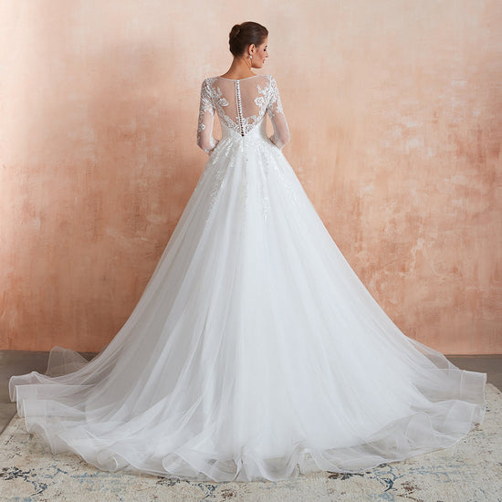 Wonderful Long A-line Appliques Tulle Wedding Dress with Sleeves-BIZTUNNEL