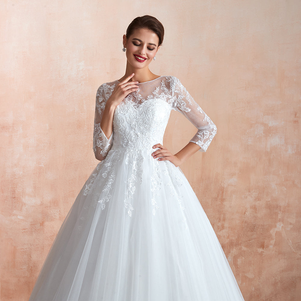 Wonderful Long A-line Appliques Tulle Wedding Dress with Sleeves-BIZTUNNEL