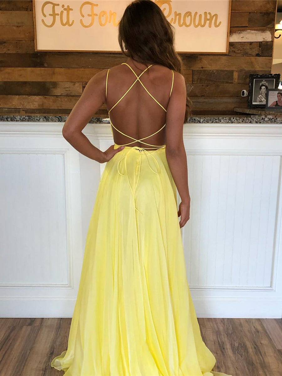 Yellow A Line Backless Sequins Chiffon Long Formal Prom Dresses-BIZTUNNEL