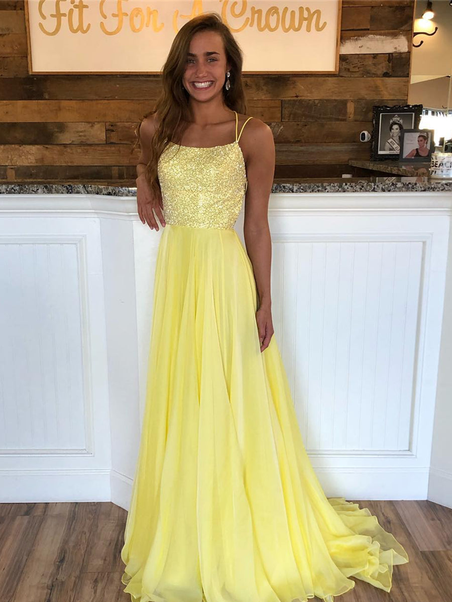 Yellow A Line Backless Sequins Chiffon Long Formal Prom Dresses-BIZTUNNEL