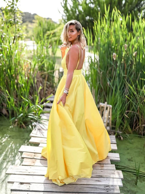 Load image into Gallery viewer, Yellow A Line V Neck Backless Satin Long Formal Prom Dresses-BIZTUNNEL
