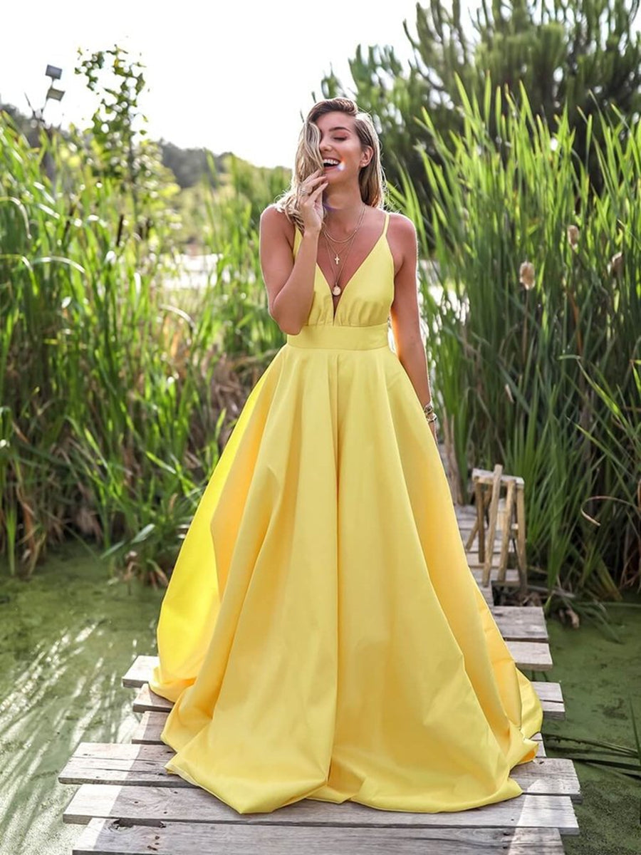 Load image into Gallery viewer, Yellow A Line V Neck Backless Satin Long Formal Prom Dresses-BIZTUNNEL
