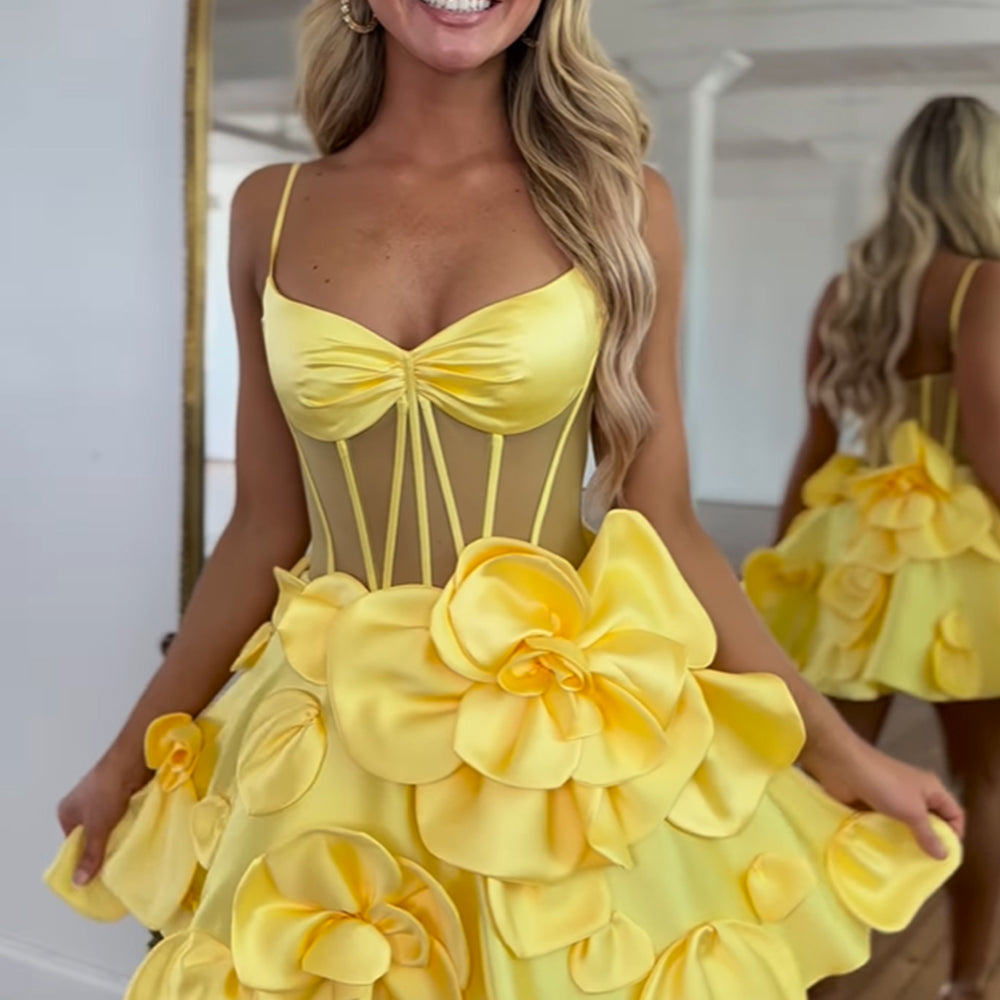 Yellow Corset A Line Short Homecoming Dress with 3D Flowers Yellow Corset A Line Short Homecoming Dress with 3D Flowers