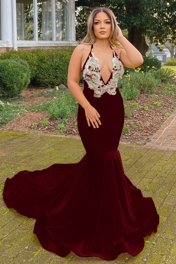 Long Yellow Halter V-Neck Mermaid Prom Dress with Applique Lace Long Yellow Halter V-Neck Mermaid Prom Dress with Applique Lace