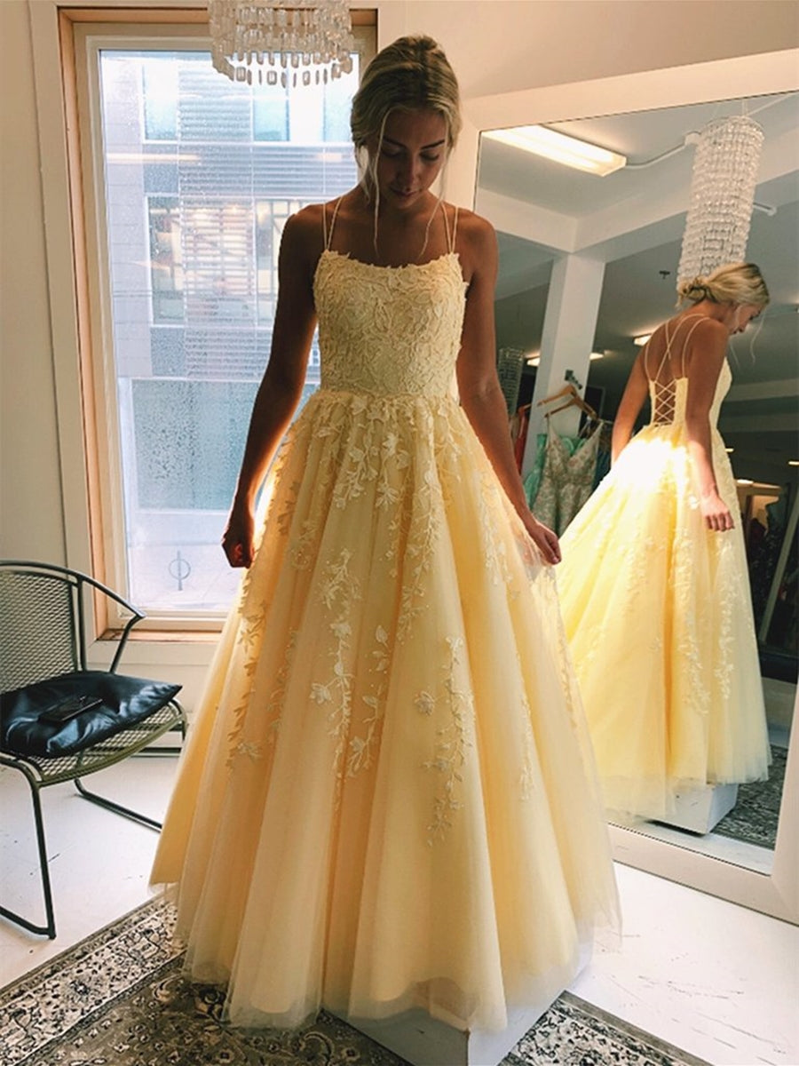 Yellow Long A-line Scoop Neck Backeless Tulle Lace Formal Prom Dresses-BIZTUNNEL