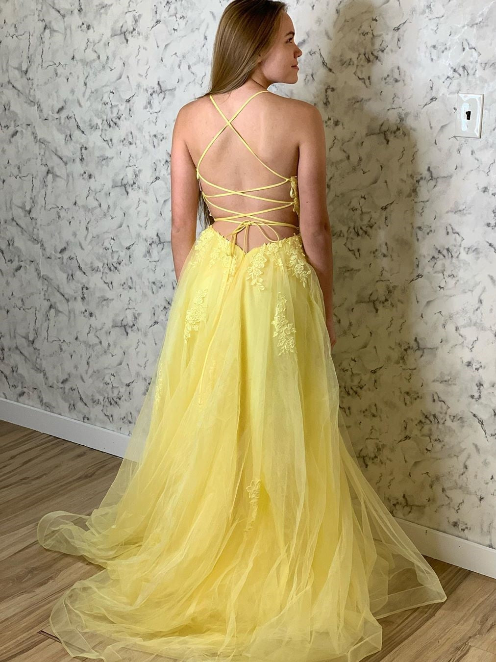 Yellow Long A-line Tulle Lace Open Back Formal Prom Dresses-BIZTUNNEL