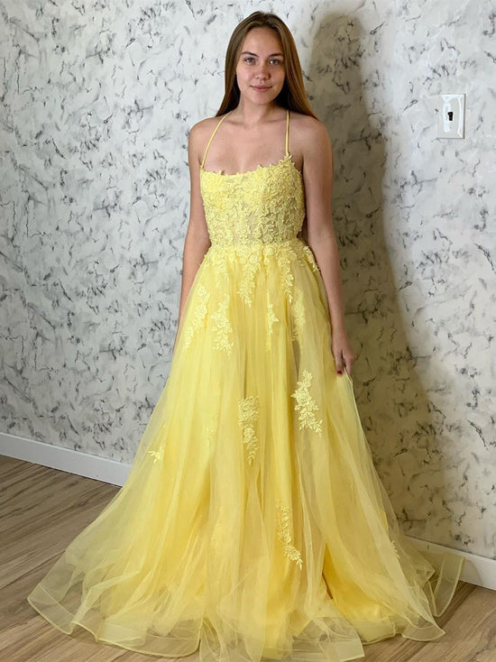 Cargar imagen en el visor de la Galería, Yellow Long A-line Tulle Lace Open Back Formal Prom Dresses-BIZTUNNEL
