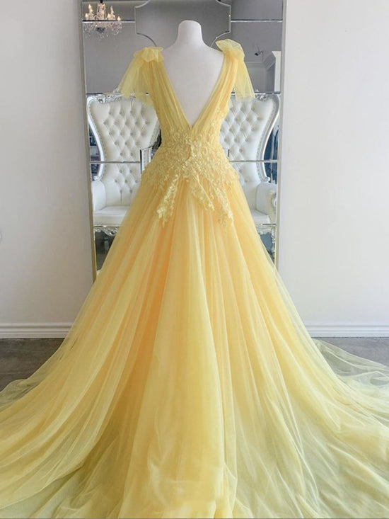 Yellow Long A-line V Neck Lace Tulle Backless Formal Graduation Prom Dresses-BIZTUNNEL