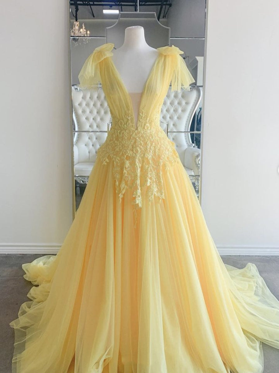 Yellow Long A-line V Neck Lace Tulle Backless Formal Graduation Prom Dresses-BIZTUNNEL