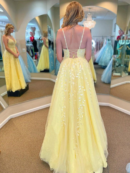Yellow Long A Line V Neck Lace Tulle Open Back Prom Dresses with Appliques-BIZTUNNEL