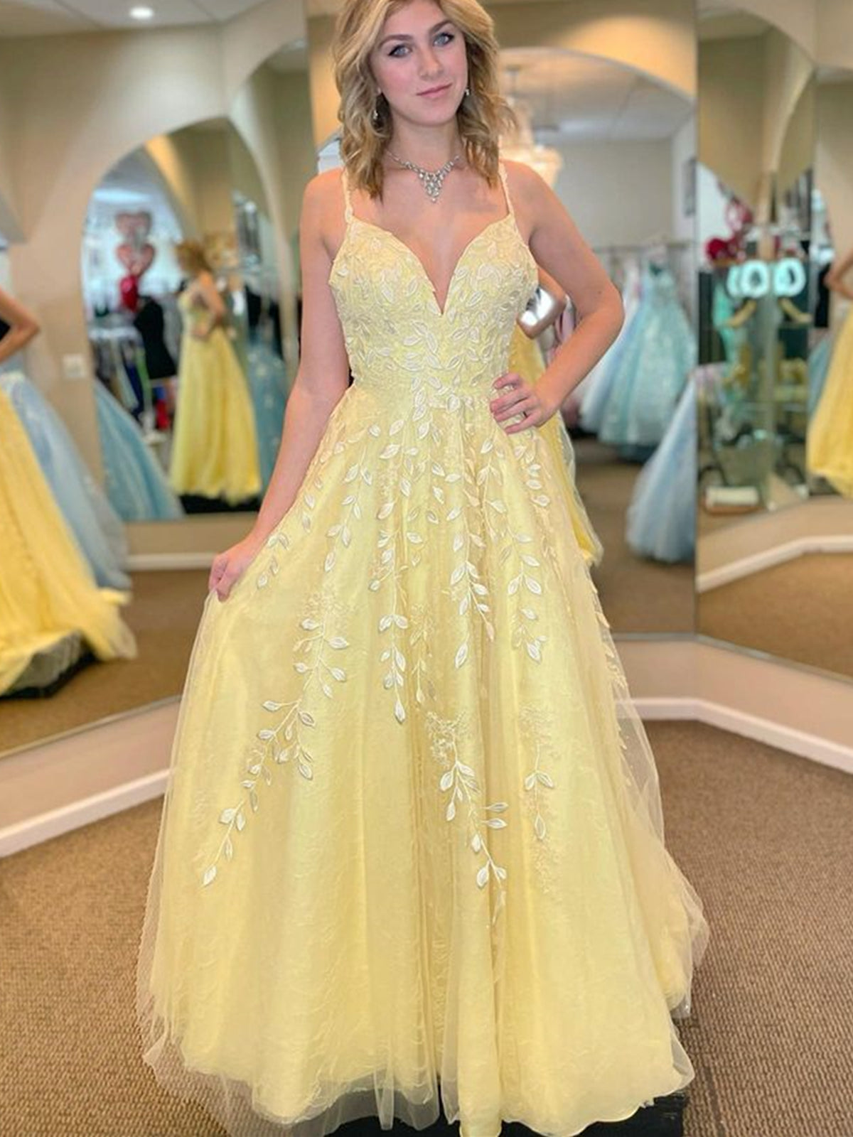 Yellow Long A Line V Neck Lace Tulle Open Back Prom Dresses with Appliques-BIZTUNNEL