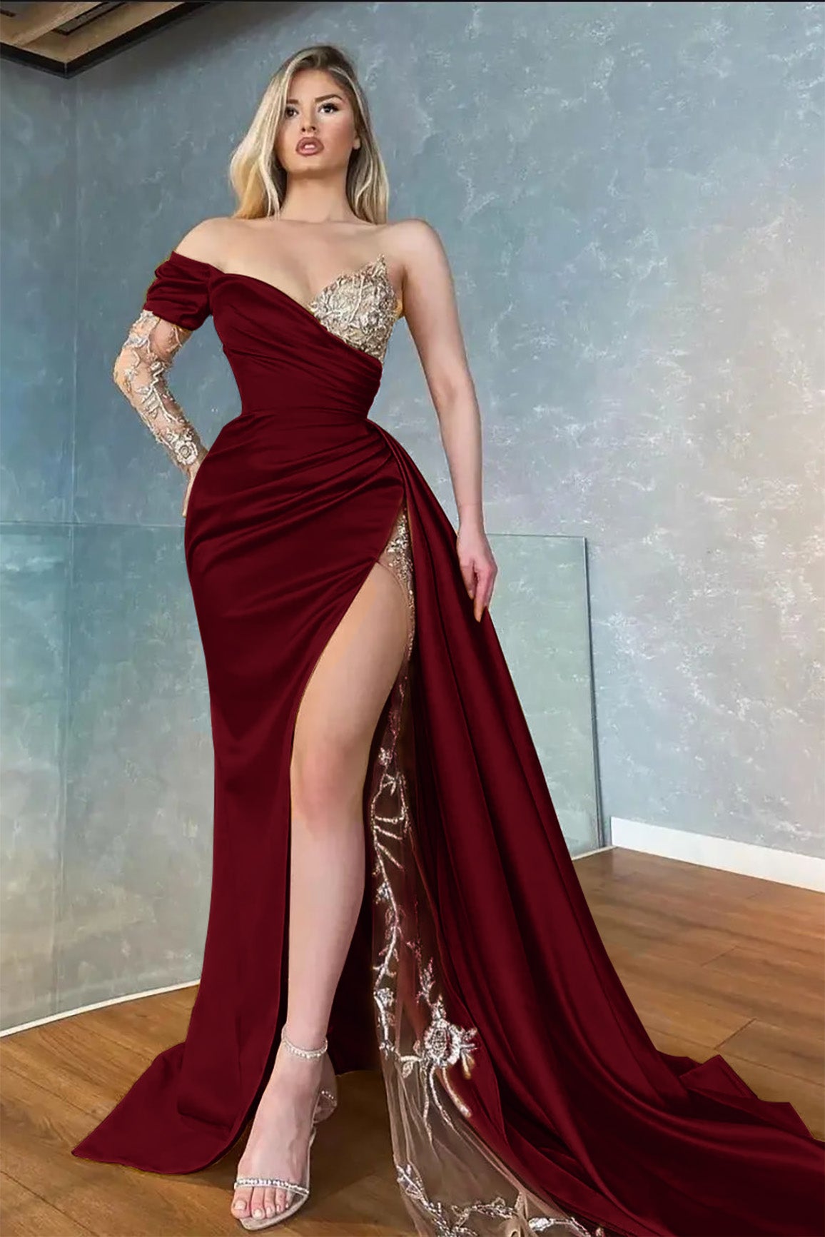 Yellow Long Sleeves Sweetheart Mermaid Applique Lace Prom Dress with Slit Yellow Long Sleeves Sweetheart Mermaid Applique Lace Prom Dress with Slit