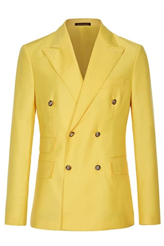 Bard Yellow Peaked Lapel Double Breasted Close Fitting Prom Suits