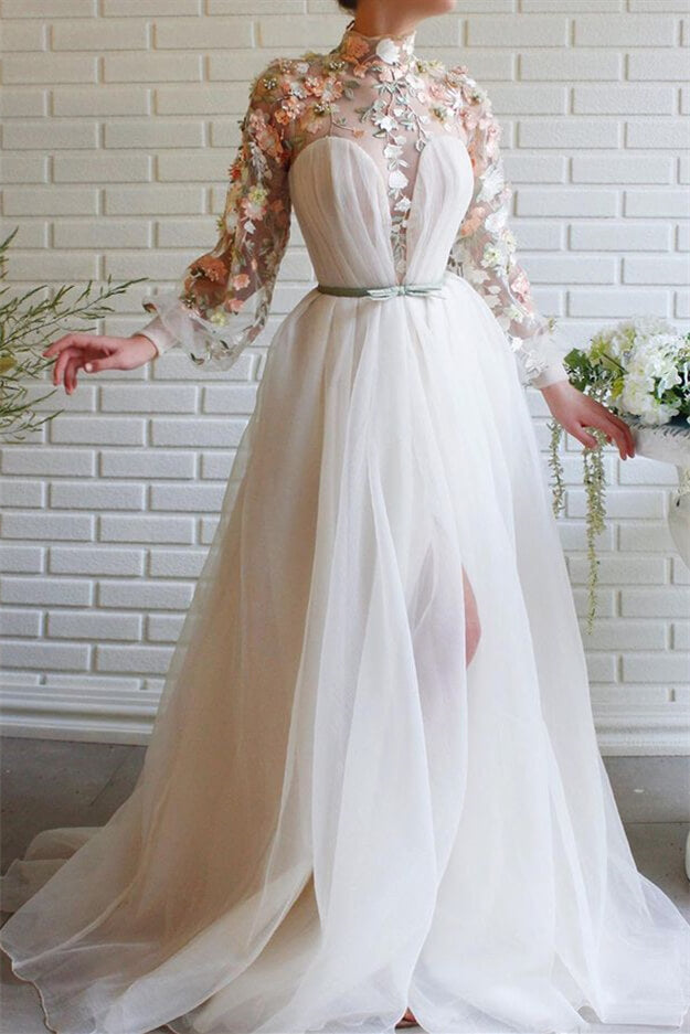 High Collar Mermaid Evening Dress With Flowers Split White Long Sleeves