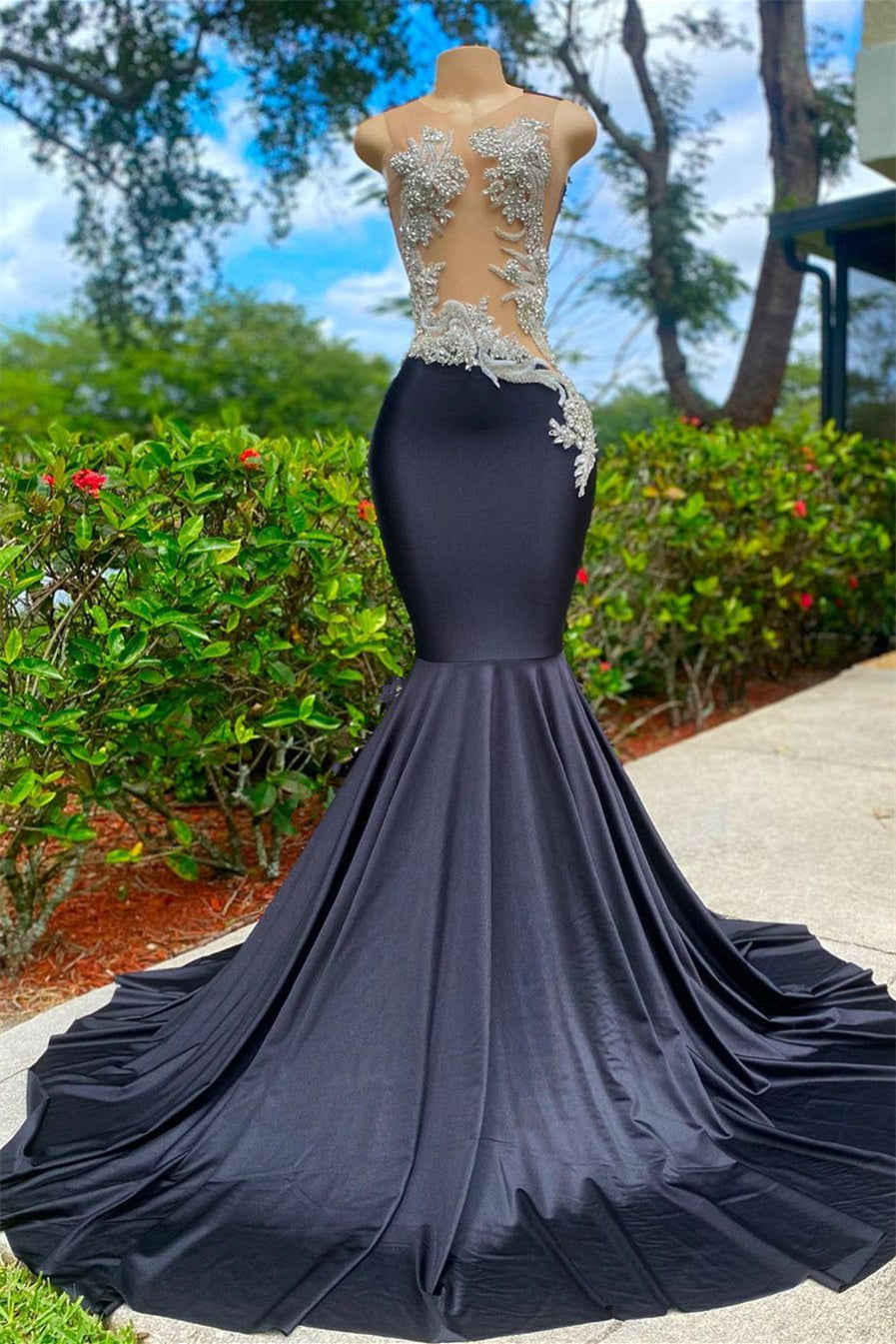 Black Sleeveless Strapless Appliques Mermaid Prom Dress