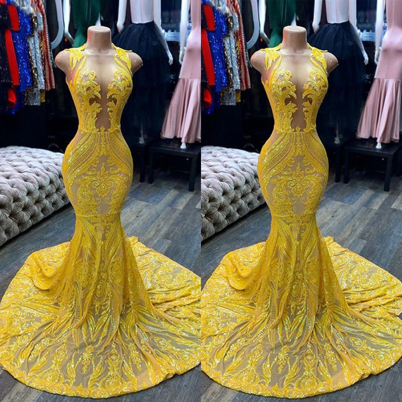 Sleeveless Yellow Sequins Mermaid Prom Dress