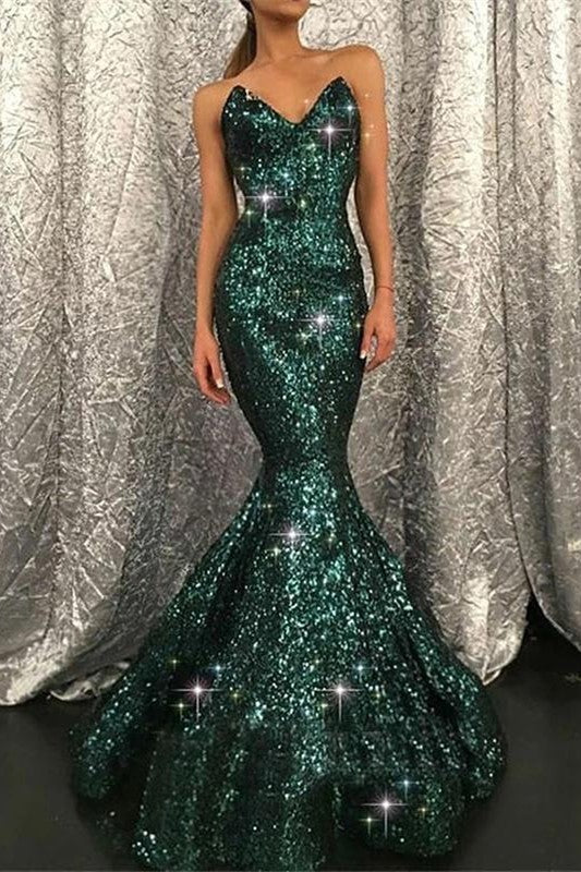 Sweetheart Mermaid Sequins Prom Dress in Dark Green