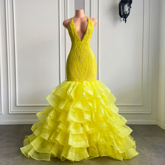 Yellow V Neck Halter Mermaid Lace Prom Dress with Ruffle