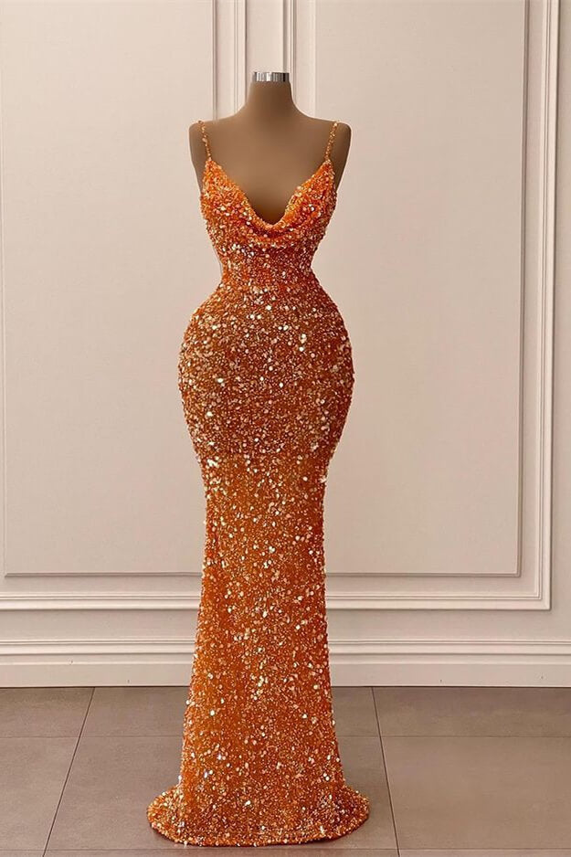 Sequined Orange V-Neck Spaghetti-Strap Long Mermaid Prom Dress