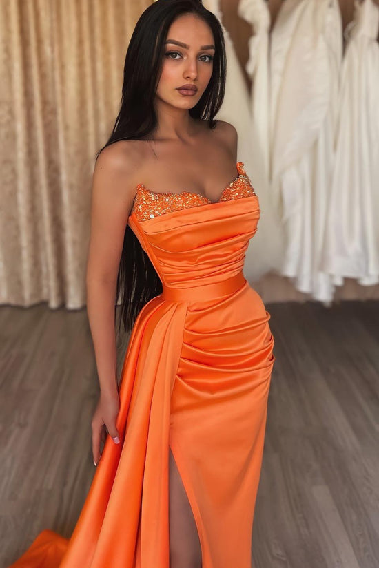 Strapless Orange Long Mermaid Prom Dress with Split and Ruffles