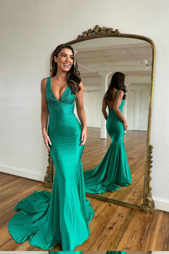 Green Prom Dress with Wide Shoulder V Neck Long Mermaid Style and Bead Embellishments