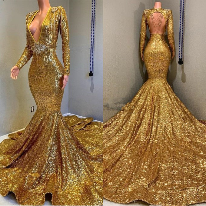 V-Neck Mermaid Prom Dress With Applique - Gold Long Sleeves