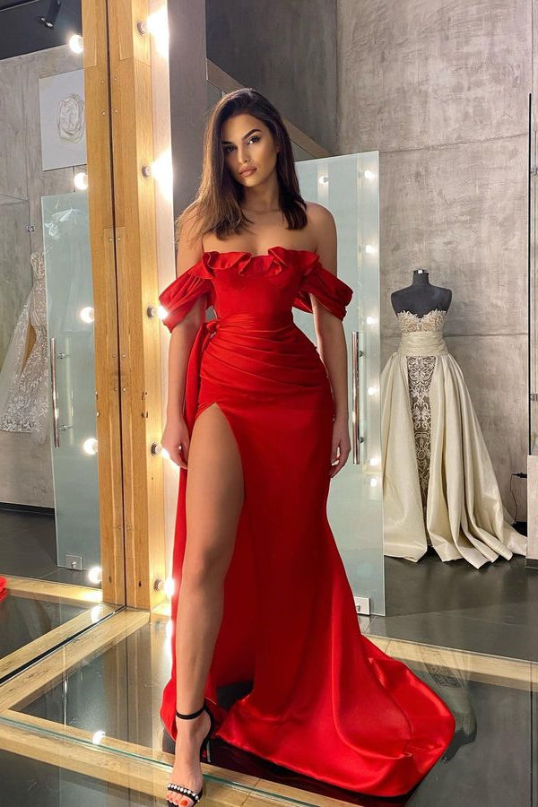 Off-The-Shoulder Classic Red Ruffles Prom Dress With Slit
