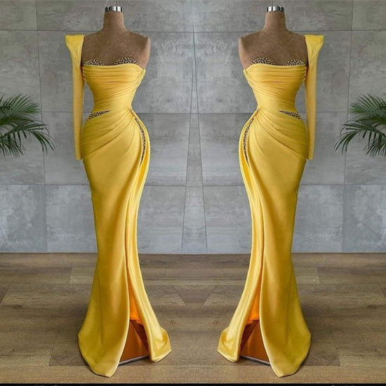 Asymmetrical Prom Dress With Beads in Yellow