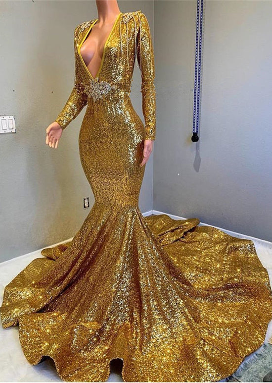 V-Neck Mermaid Prom Dress With Applique - Gold Long Sleeves