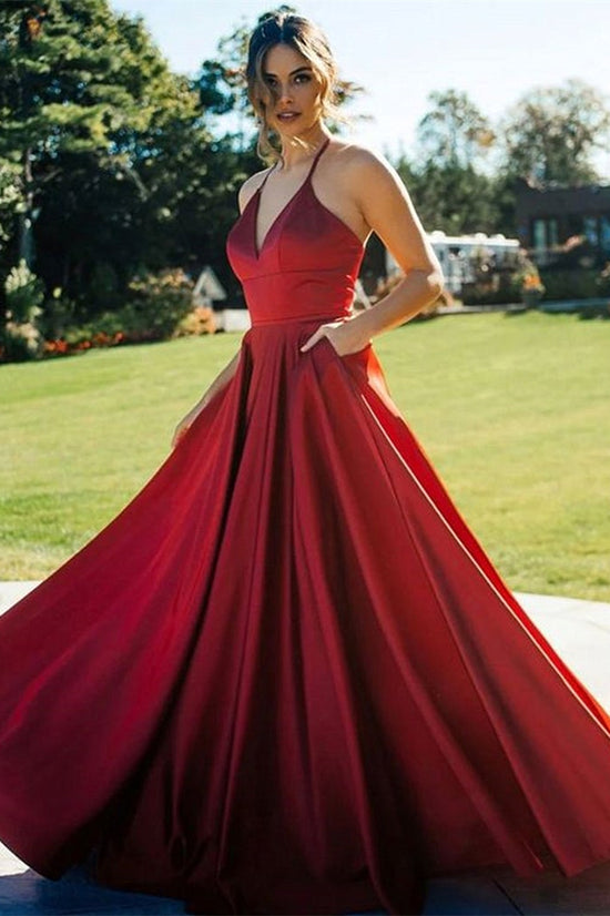 V-Neck Red Evening Dress With Pockets