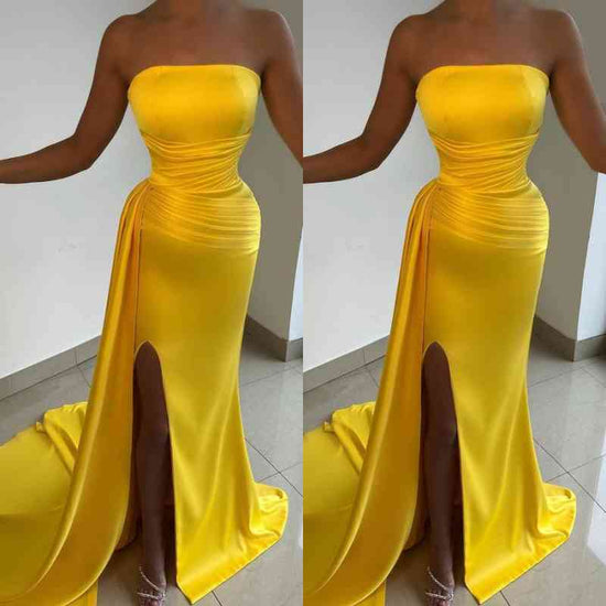 Strapless Sleeveless Light Yellow Prom Dress With Pleated Split