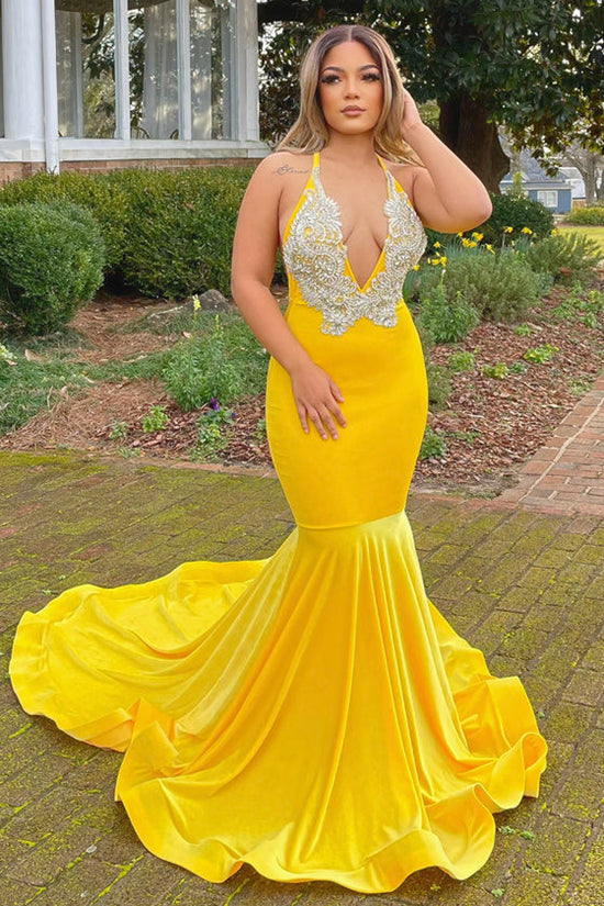 Prom Dress Yellow Halter V-Neck Mermaid With Applique