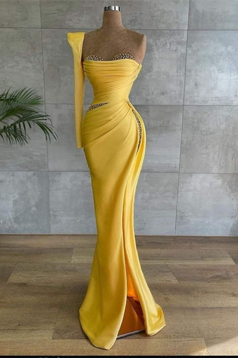 Asymmetrical Prom Dress With Beads in Yellow
