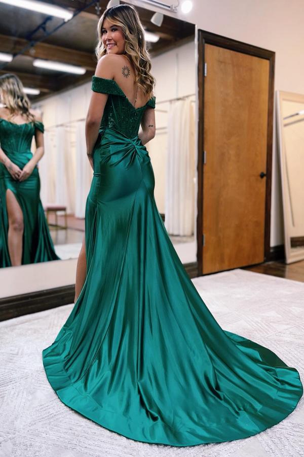 Load image into Gallery viewer, Off-the-shoulder Mermaid Satin Lace Long Prom Dresses With Split - Biztunnel
