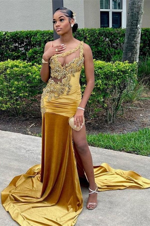 Charming Gold Long Mermaid One Shoulder Satin Appliques Lace Prom Dress with Slit-BIZTUNNEL
