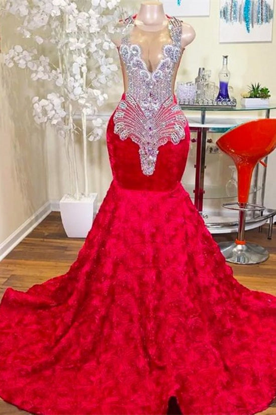 Charming Long Mermaid Jewel Satin Beading Prom Dress Red Formal Gowns-BIZTUNNEL