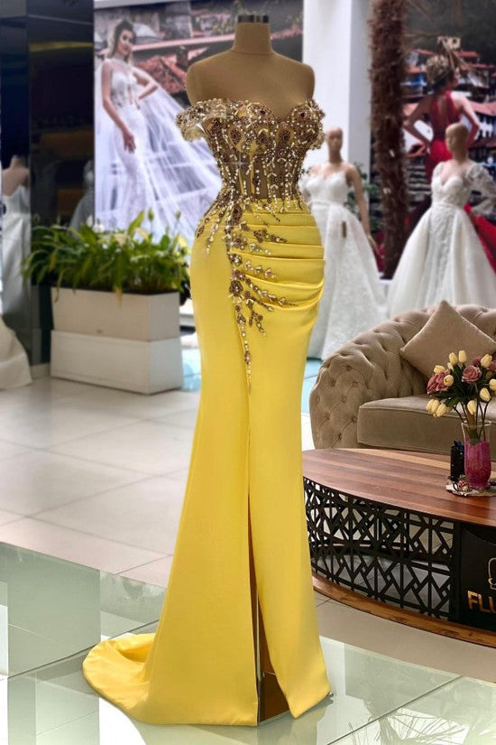 Gorgeous Yellow Mermaid Off-the-shoulder Satin Long Beading Prom Dresses With Split - Biztunnel