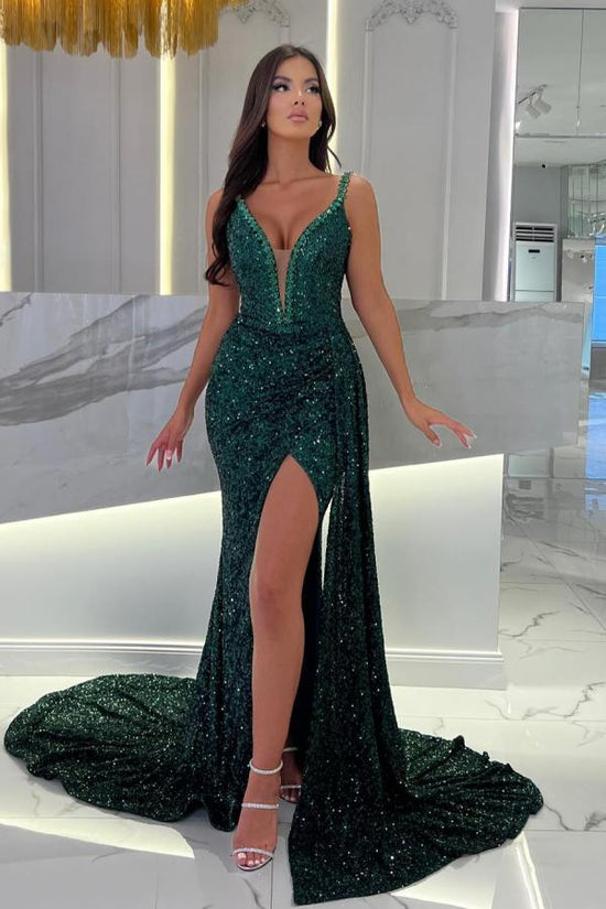 Dark Green Mermaid V-neck Spaghetti Straps Sequined Long Prom Dresses With Split - Biztunnel